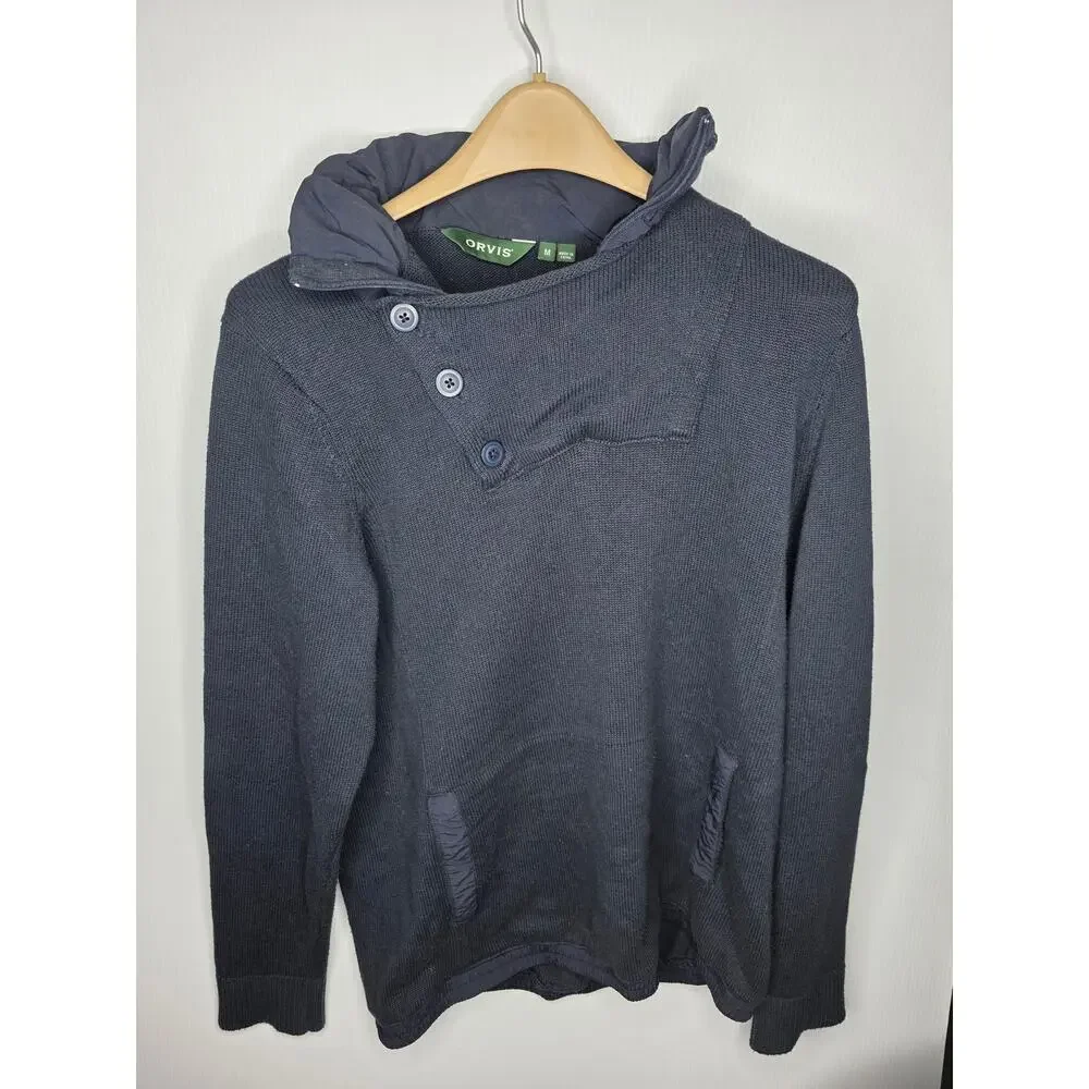 Orvis Size Medium Navy Blue Cotton Blend Button Mock Neck Sweater Front Pocket